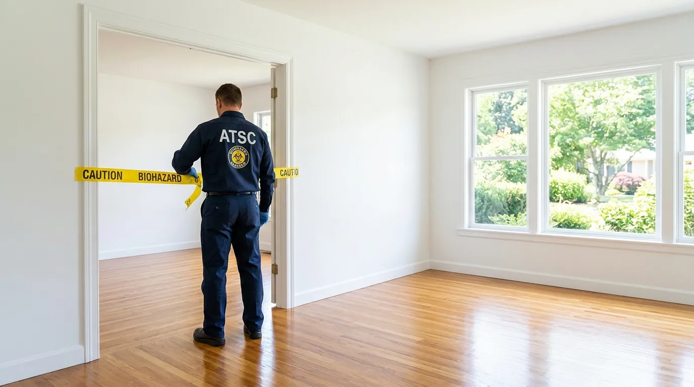 Certified biohazard cleanup crew performing Trauma Scene Cleanup in Airmont